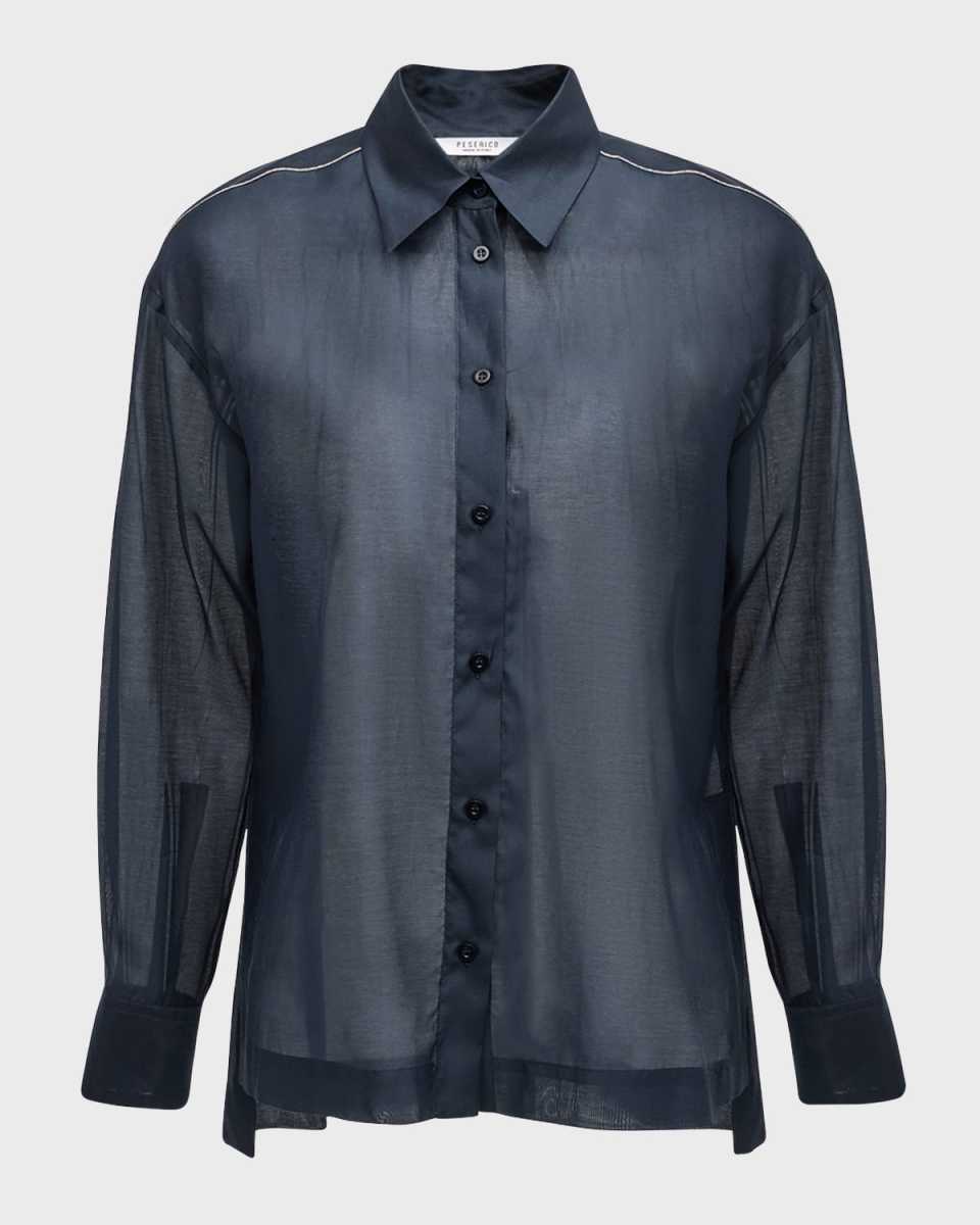 Sheer Bead-Trim Button-Down Shirt